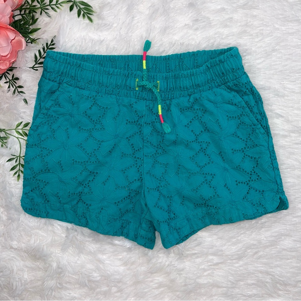 Cat & Jack Girls Blue Floral Eyelet Drawstring Shorts Sz M (7/8)